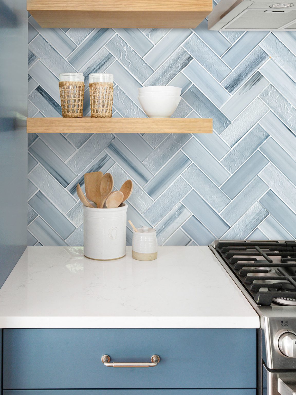 Blue Glass Large Herringbone Mosaic Backsplash Tile