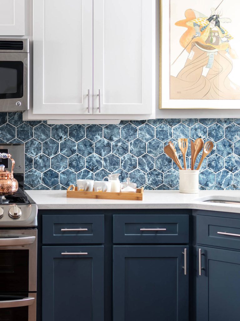 Blue Hexagon Glass Mosaic Tile Backsplash & Bathroom Walls