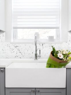 Farm Sink Gray Cabinet White Hexagon Glass Backsplash Tile BA5509
