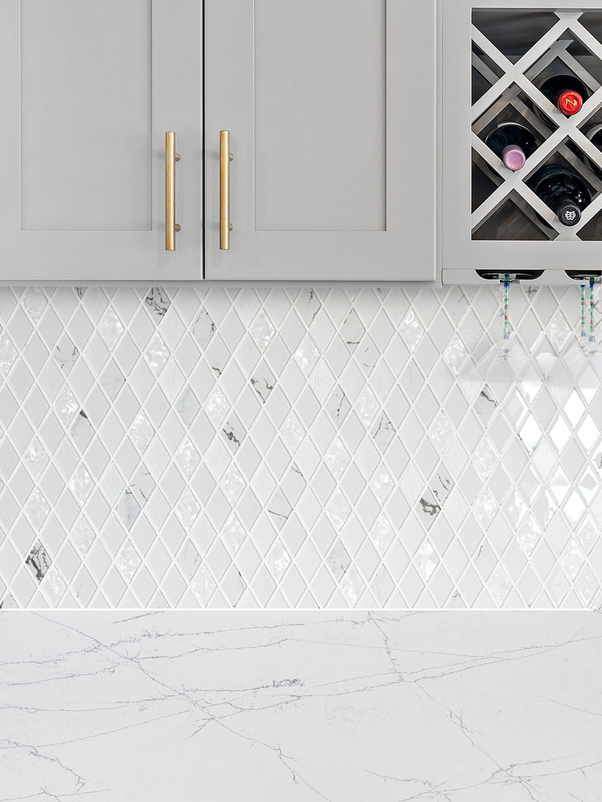 Gray Cabinet uartz Countertop White Glass Backsplash Tile BA5502