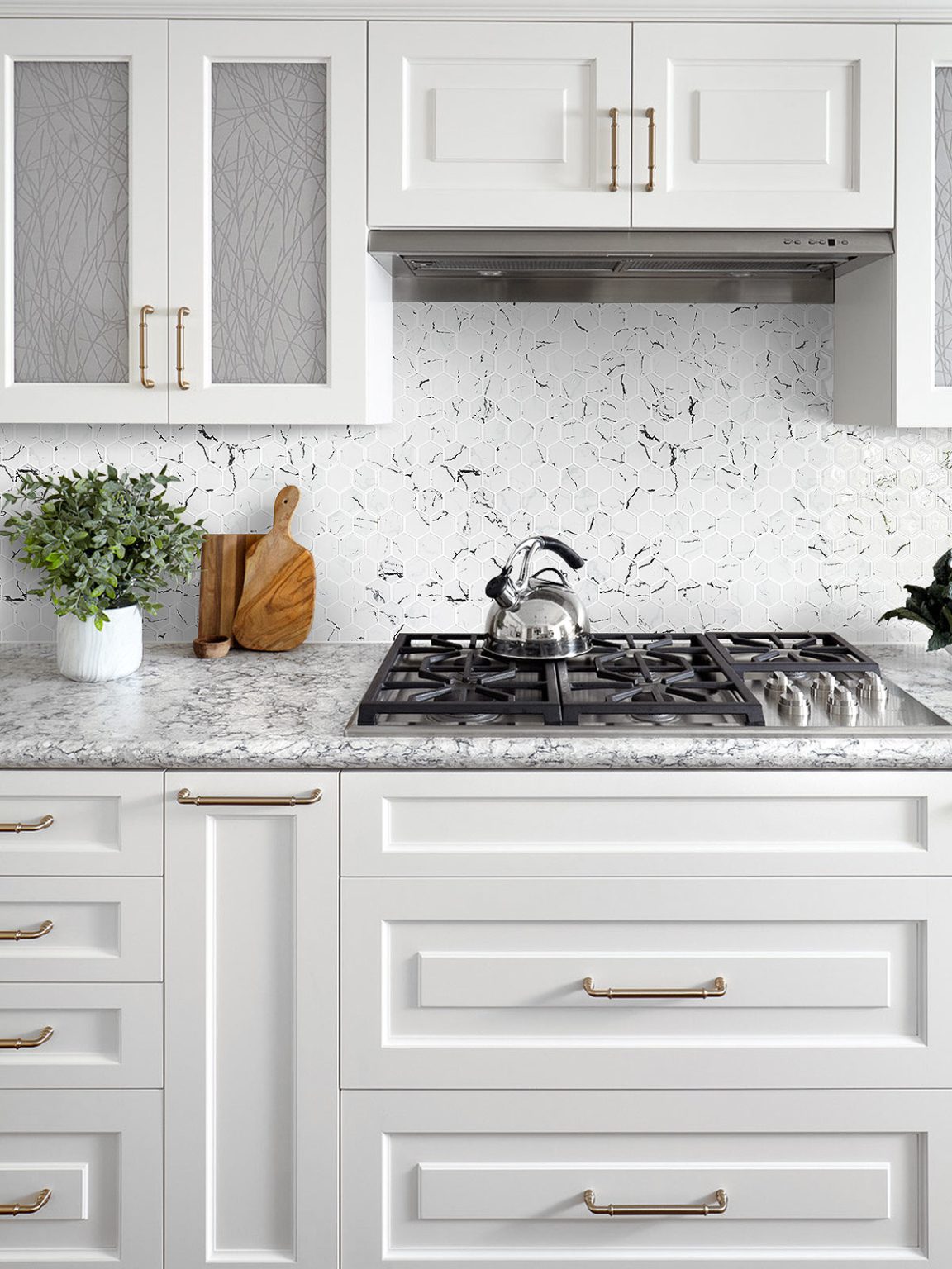 White Hexagon Marble Look Glass Mosaic Backsplash Tile