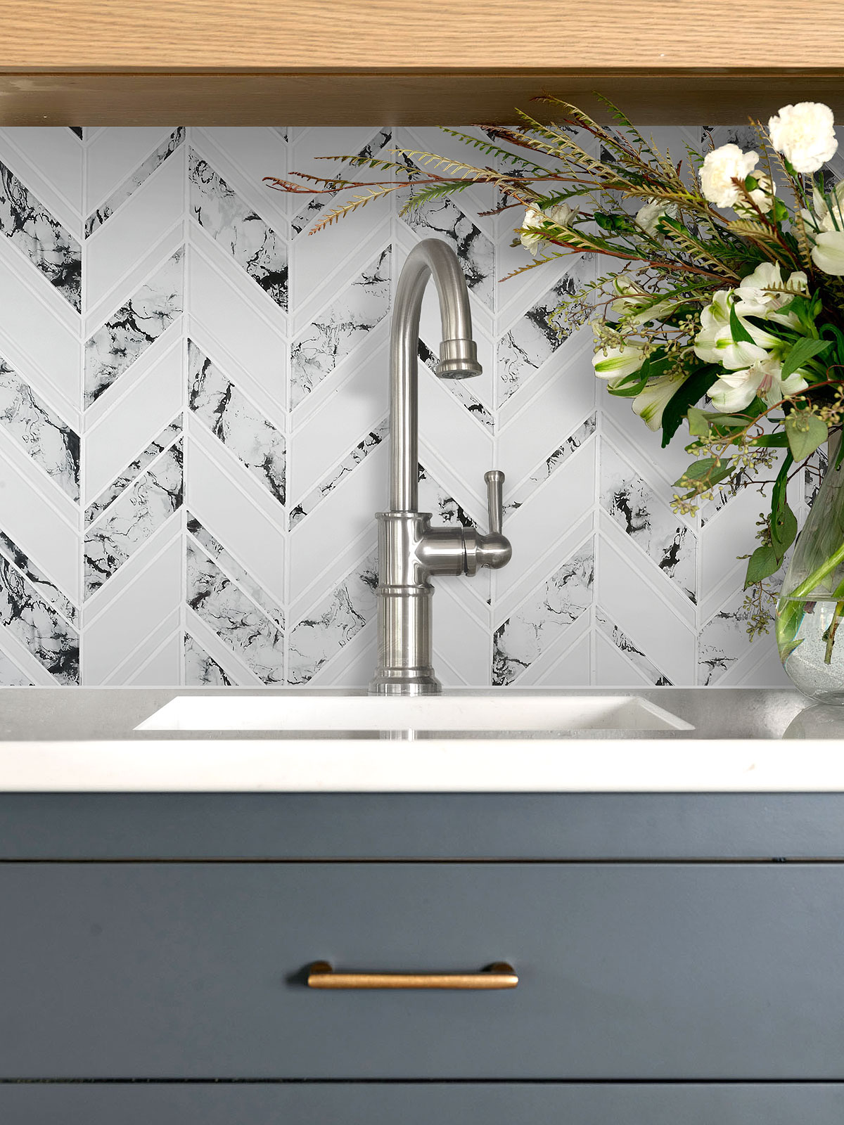 Gray Kitchen Cabinet Countertop White Chevron Marble Look Glass Mosaic Tile