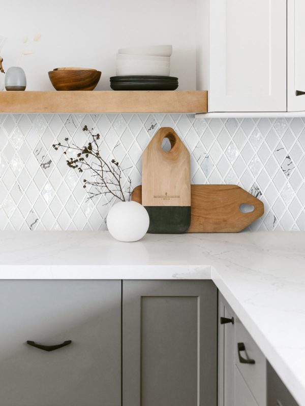 Gray Kitchen Cabinet White Countertop Rhomboid White Glass Mosaic Backsplash Tile BA5502
