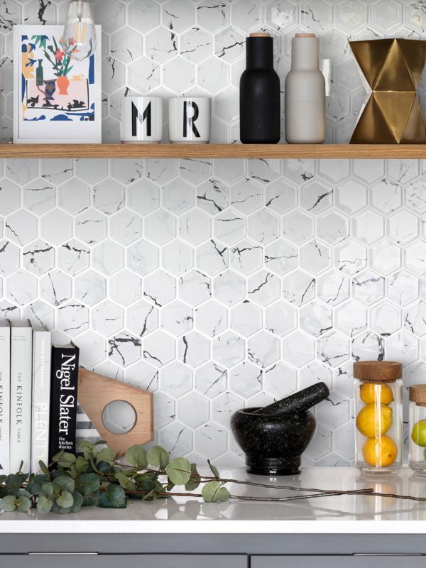 Gray Kitchen Cabinet White Hexagon Glass Backsplash Tile BA5509