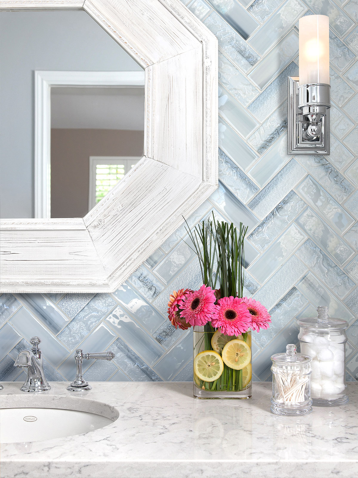Marble Bathroom Vanity Blue Glass Large Herringbone Mosaic Backsplash Tile BA5507