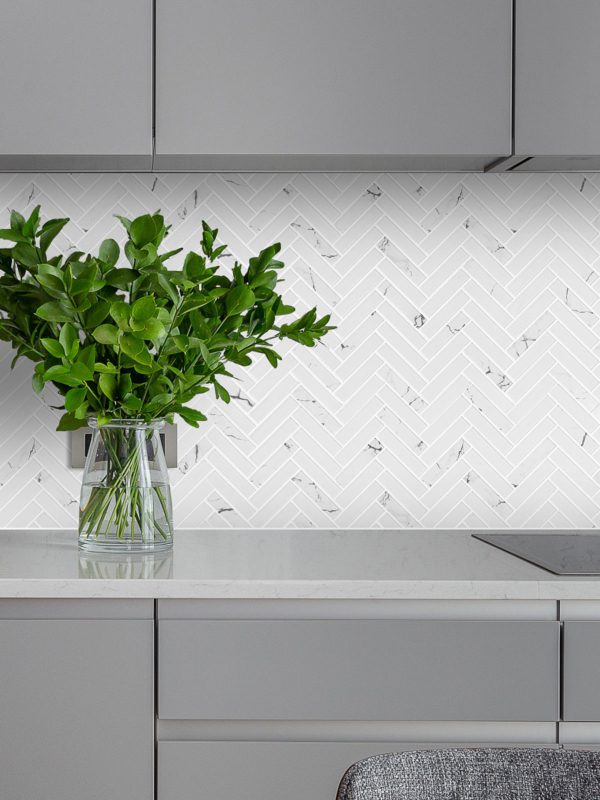 Modern Gray Cabinet Herringbone Marble Look Mosaic Backsplash Tile BA5503