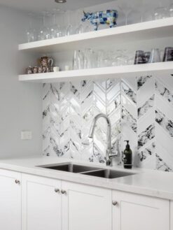 White Cabinet Countertop White Chevron Marble Look Glass Mosaic Tile