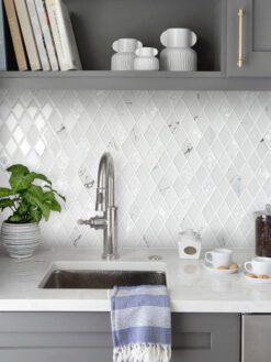 White Countertop Gray Cabinet Rhomboid White Backsplash Tile BA5502