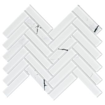 White Glass Herringbone Marble Look Mosaic Backsplash Tile