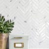 White Glass Herringbone Marble Look Mosaic Backsplash Tile BA5503