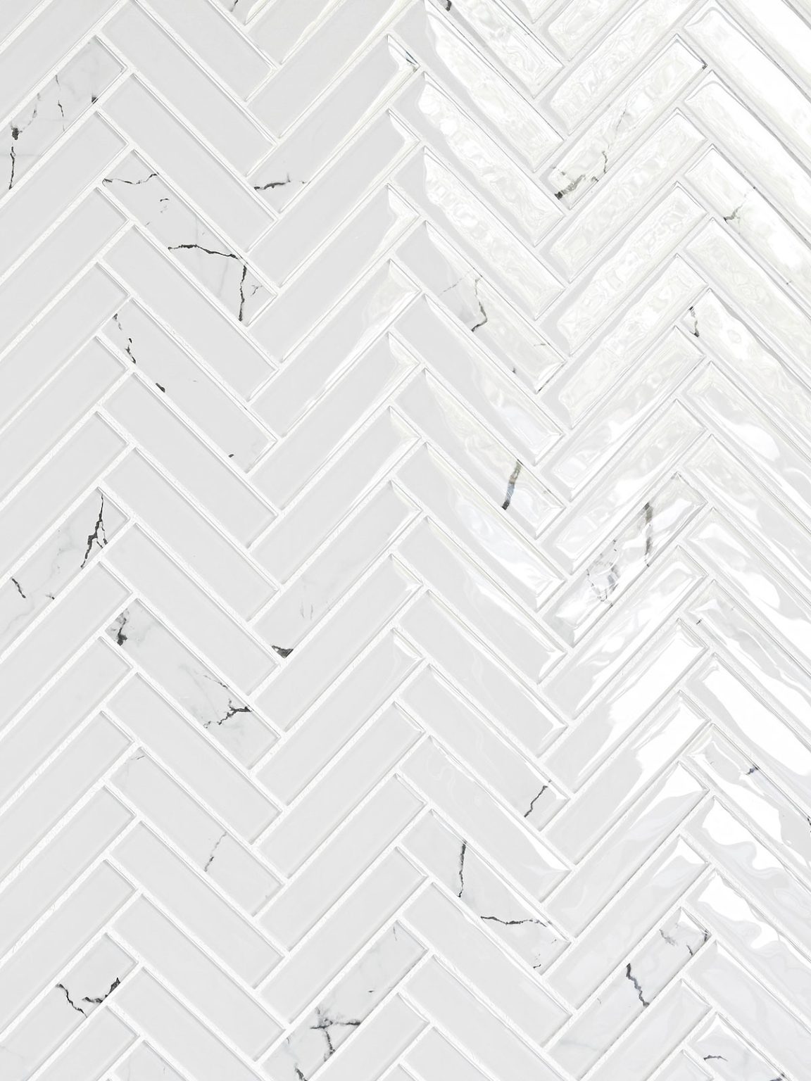 White Glass Herringbone Marble Look Mosaic Backsplash Tile