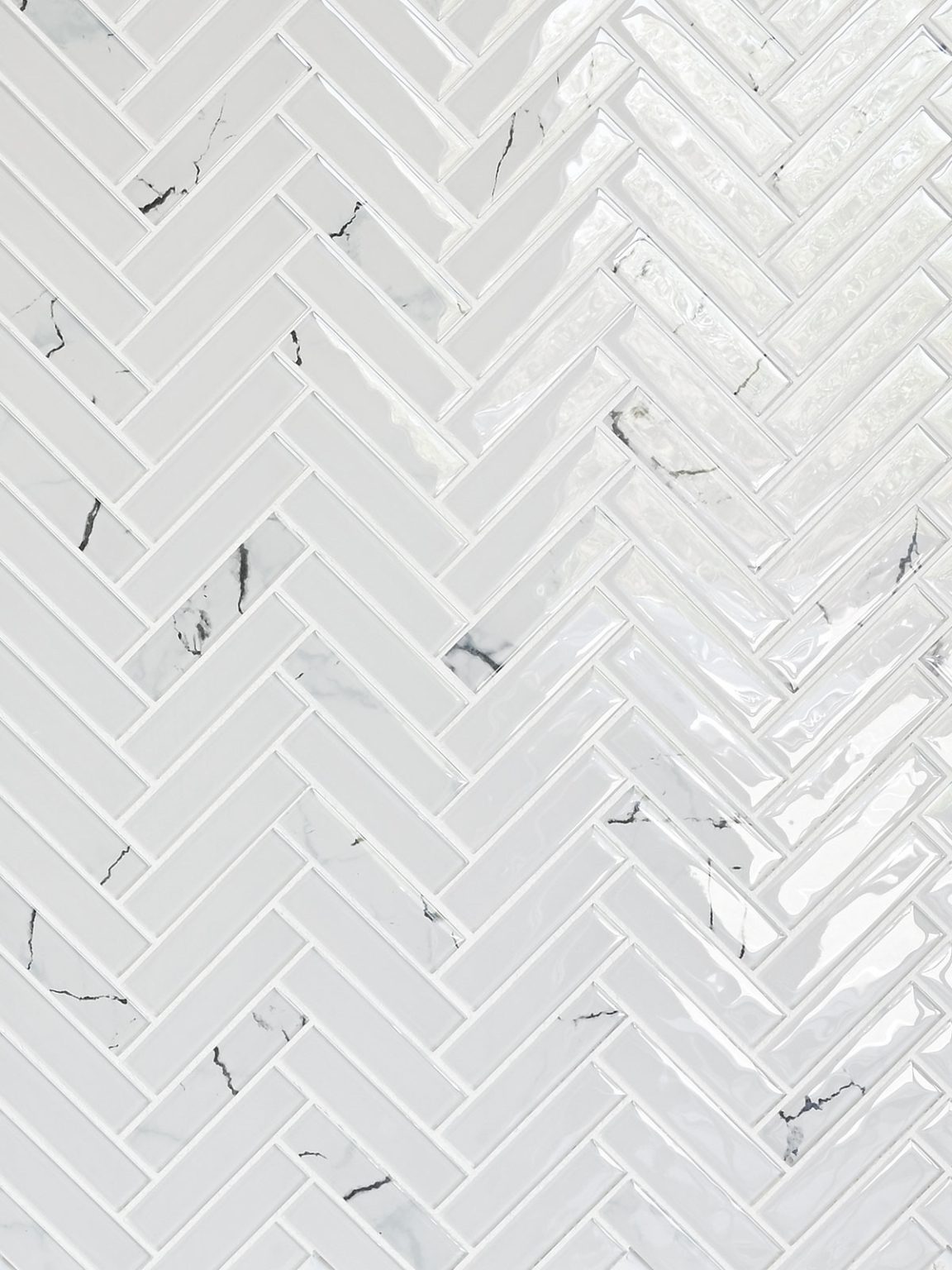 White Glass Herringbone Marble Look Mosaic Backsplash Tile