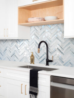 White Kitchen Blue Glass Herringbone Backsplash Tile BA5507