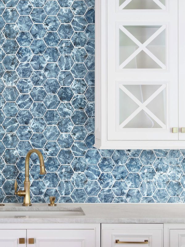 White Kitchen Blue Hexagon Backsplash Tile BA5501