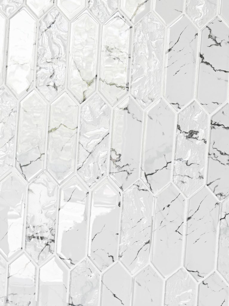 White Marble Look Glass Picket Mosaic Backsplash Tile