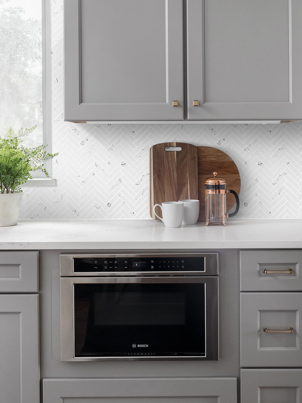 White Quartz Countertop Gray Cabinet Herringbone Marble Look Mosaic Backsplash Tile BA5503
