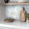 White quartz countertop Blue Glass Large Herringbone Mosaic Backsplash Tile BA5507