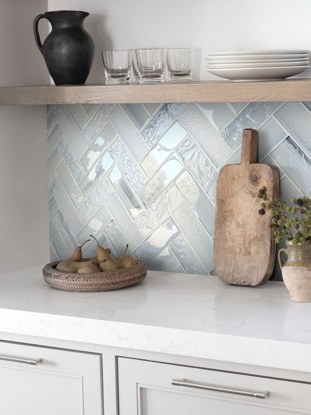 Blue Glass Large Herringbone Mosaic Backsplash Tile