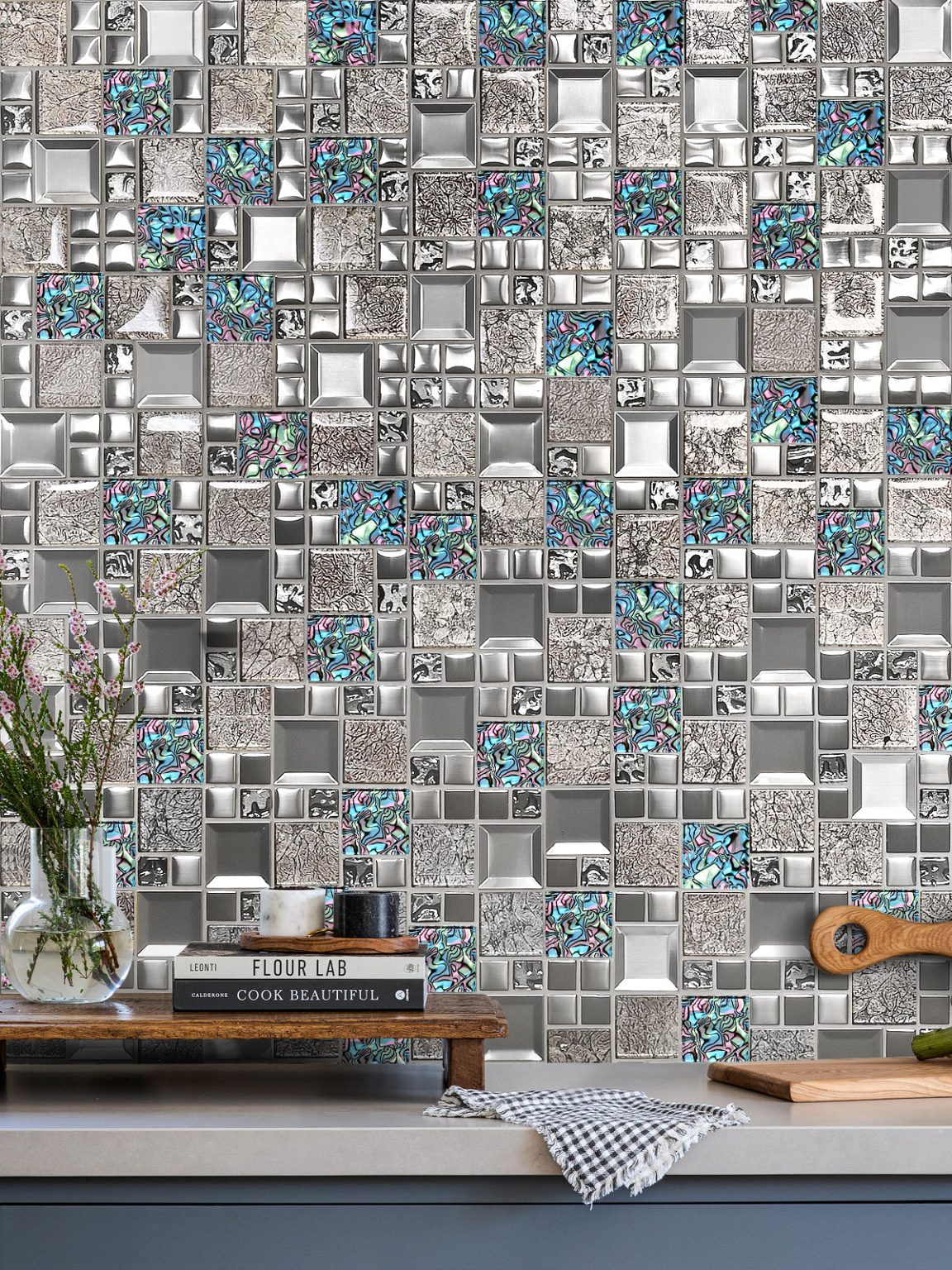 Glass Metal Blue Gray Mosaic Backsplash Tile 