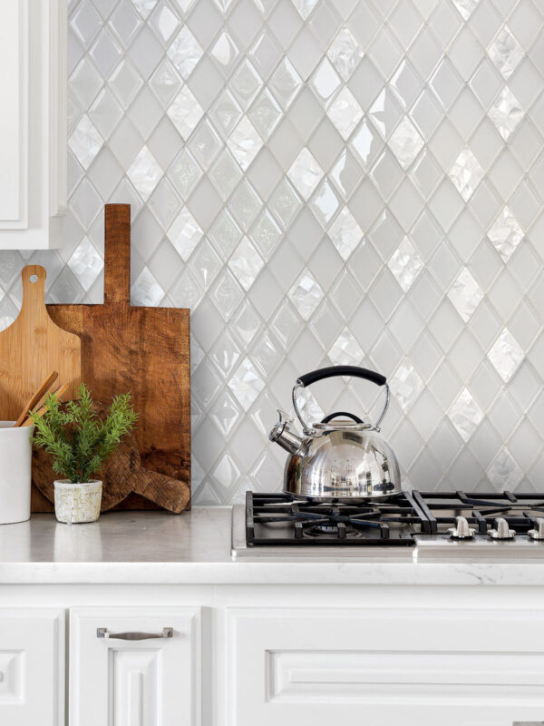 Elegant Diamond Glass & Shell White Backsplash Tile