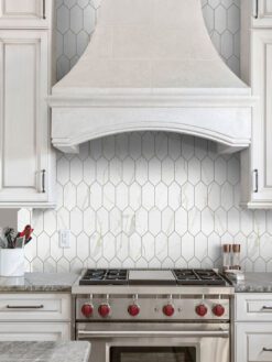 Gray Cabinets Countertop Glass Calacatta Gold Mosaic Backsplash Tile BA6702