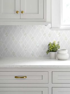 Gray Kitchen Cabinet White Countertop Glass Shell Backsplash Tile BA6706