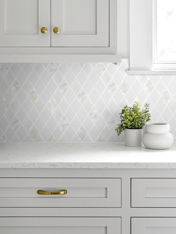 Gray Kitchen Cabinet White Countertop Glass Shell Backsplash Tile BA6706