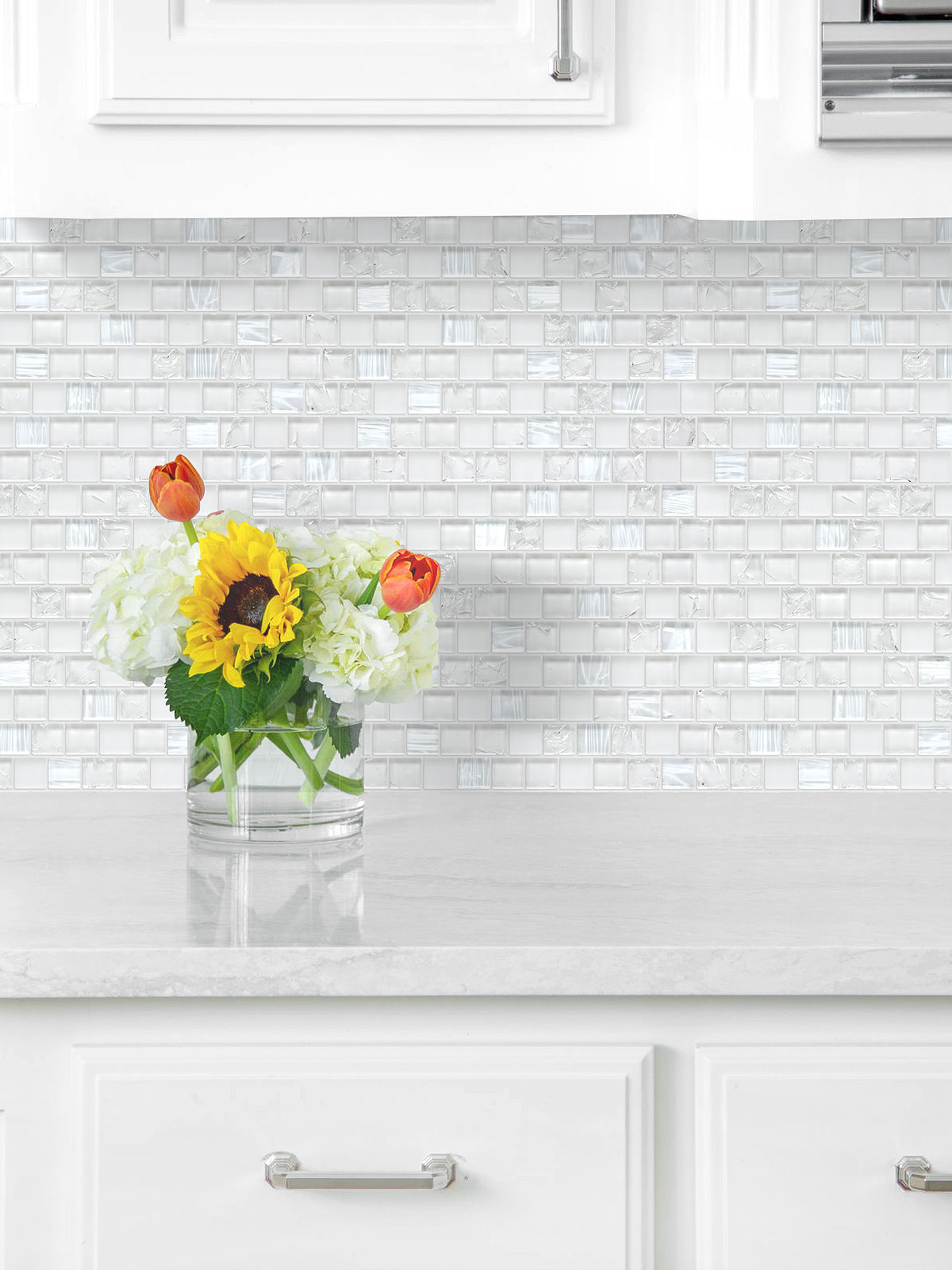 White Kitchen Countertop Cabinet White Shell Crackle Glass Backsplash Tile BA6705