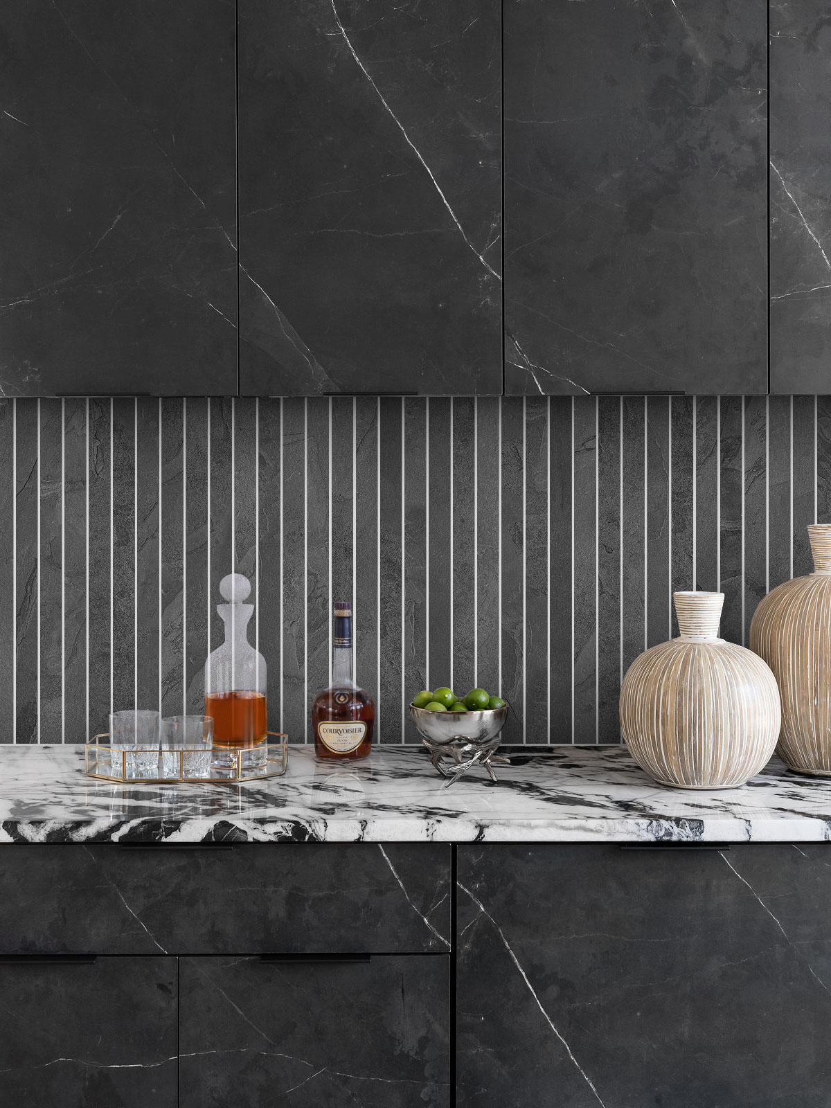 Black Kitchen Cabinet Marble Countertop Modern Slate Backsplash Tile BA1081