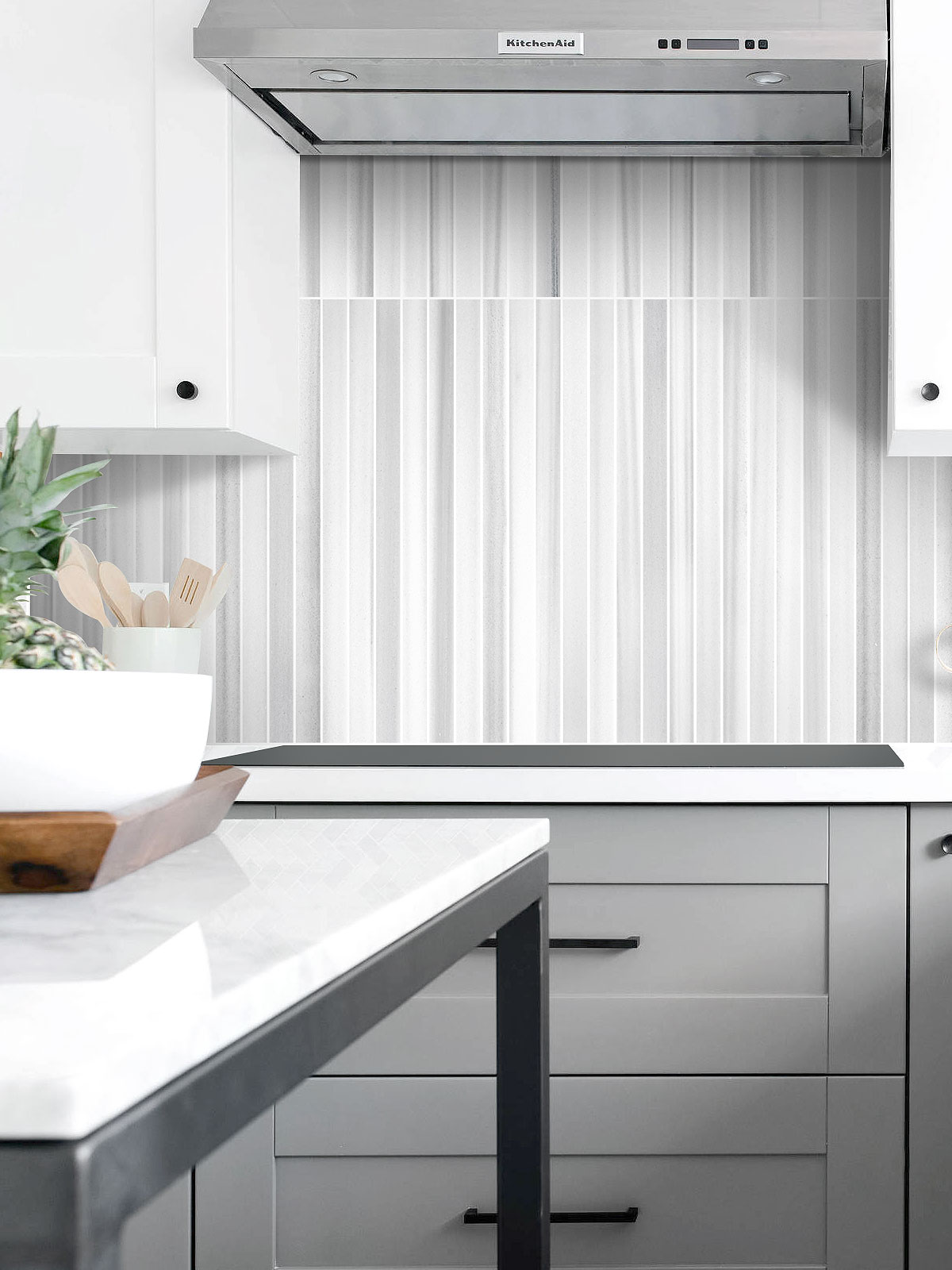 Gray Kitchen Cabinet Modern Long Marble White Gray Backsplash Mosaic Tile BA1079