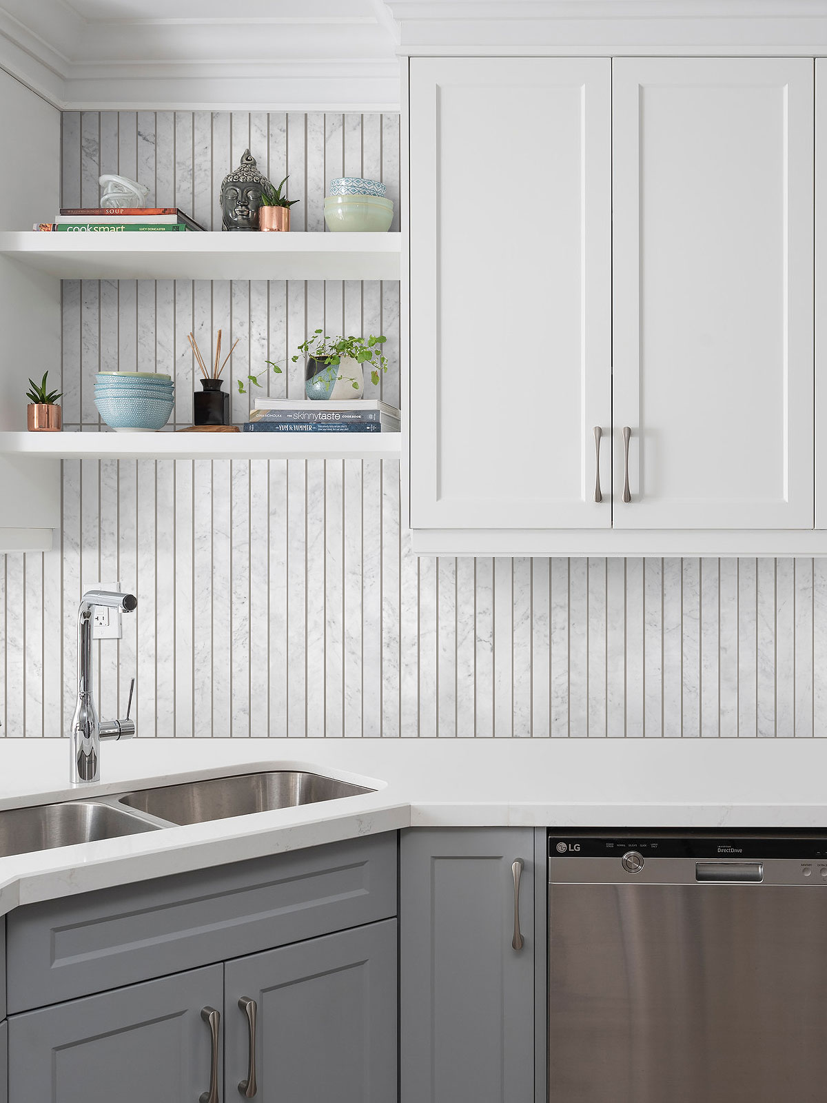 Gray Kitchen Cabinets Modern Long Marble Carrara Gray Backsplash Mosaic Tile BA1077
