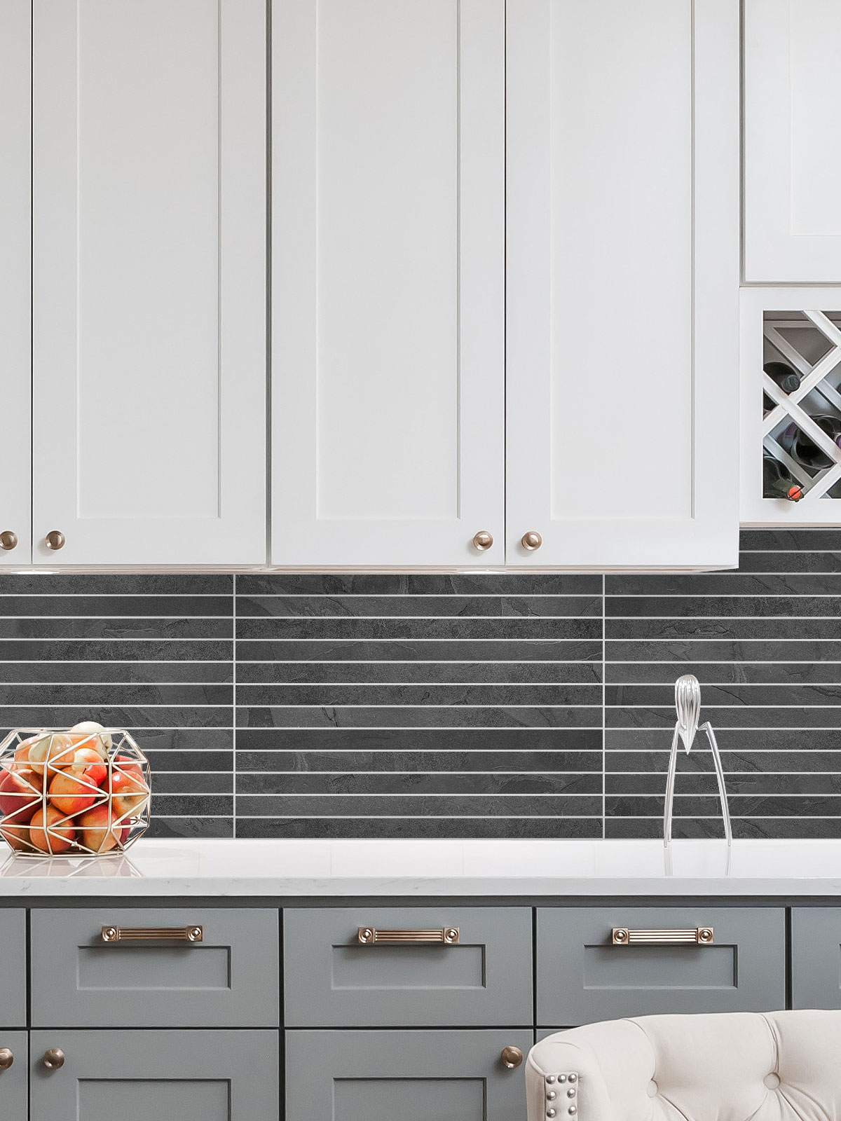 Two Tones Kitchen Cabinets Modern Slate Backsplash Tile BA1081