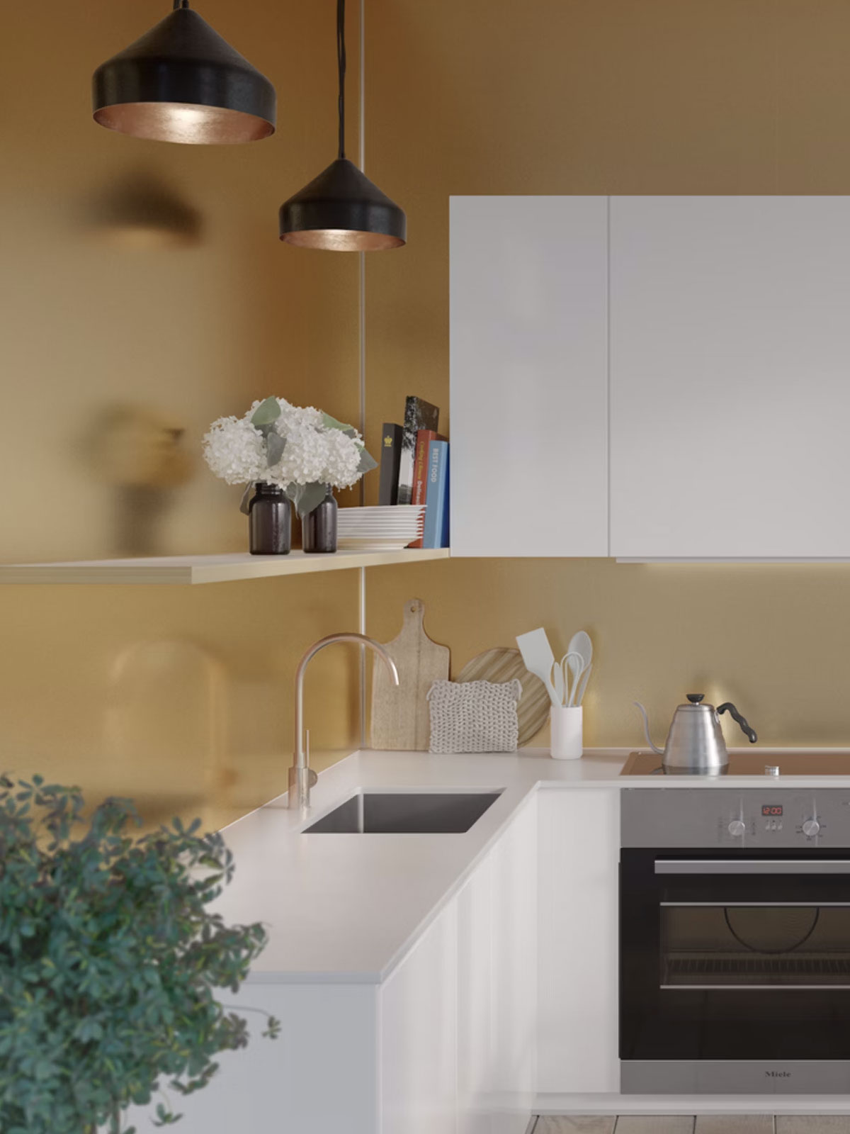 white countertop White Kitchen Modern Gold Metal Groutless Backsplash Tile BA8803