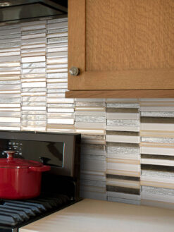 Brown Kitchen Cabinets Rose Gold Beveled Edge Glass Backsplash Tile BA8009