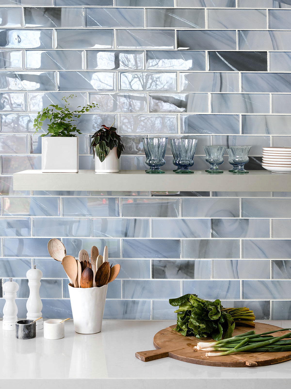 Blue Glass with Sparkle Design Subway Backsplash Tile