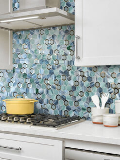 White Kitchen Cabinet Green Glass Metal Hexagon Backsplash Tile BA6203