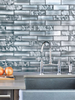Gray Countertop with Space Blue Subway Glass Backsplash Tile