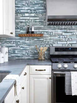 Gray Top with Space Blue Subway Glass Backsplash Tile