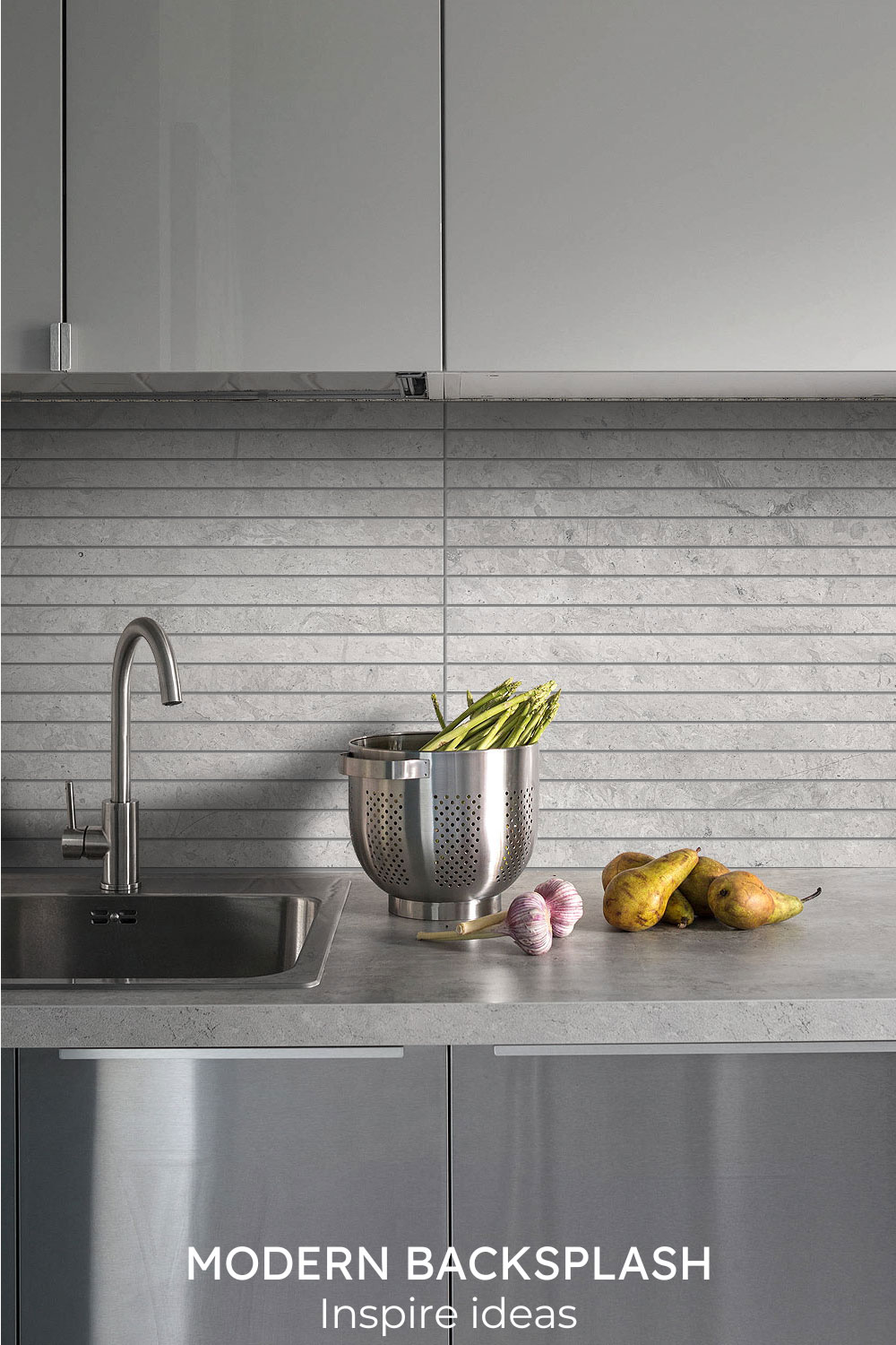 gray kitchen cabinet with modern backsplash tile