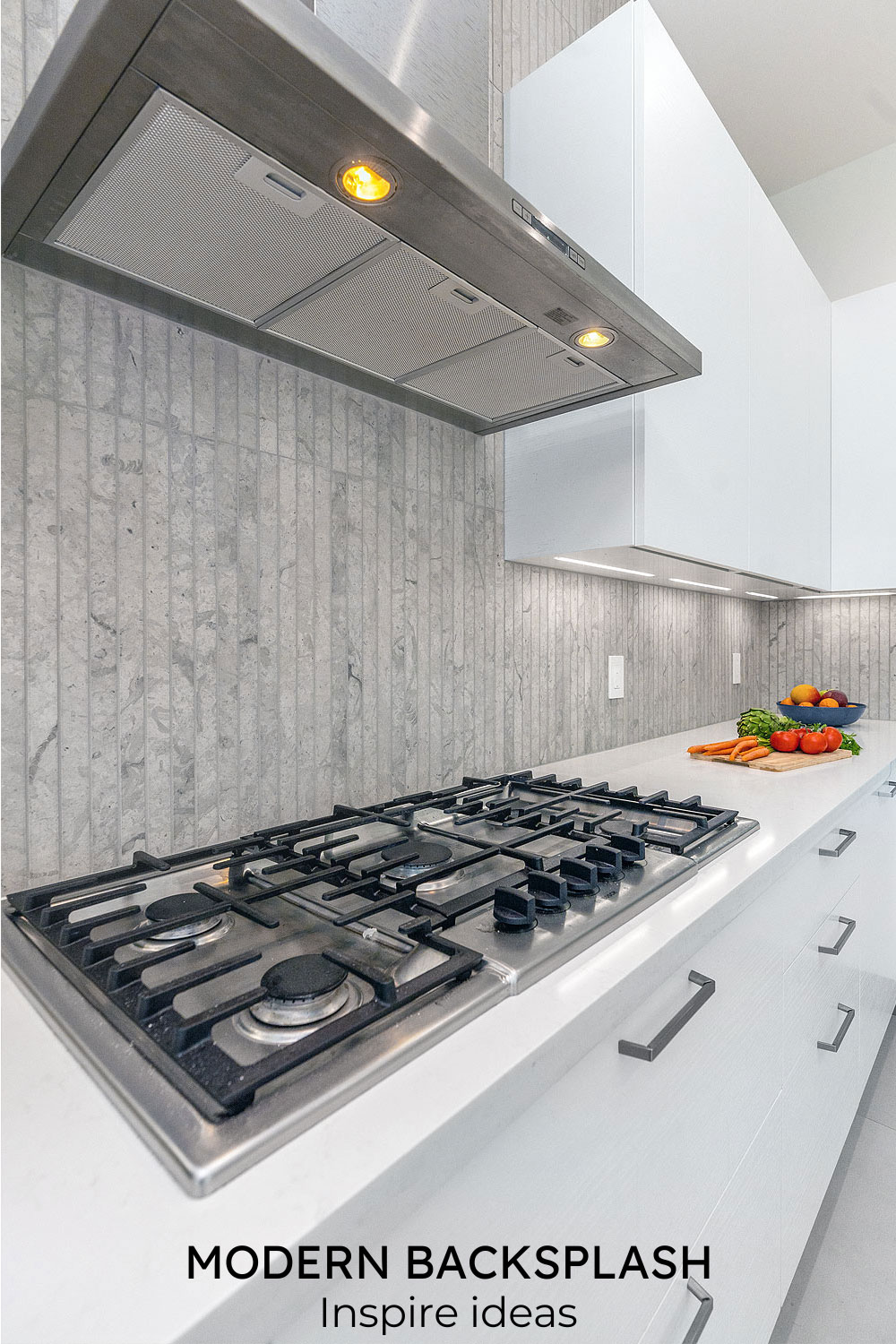 modern backsplash tile cooktop white cabinets