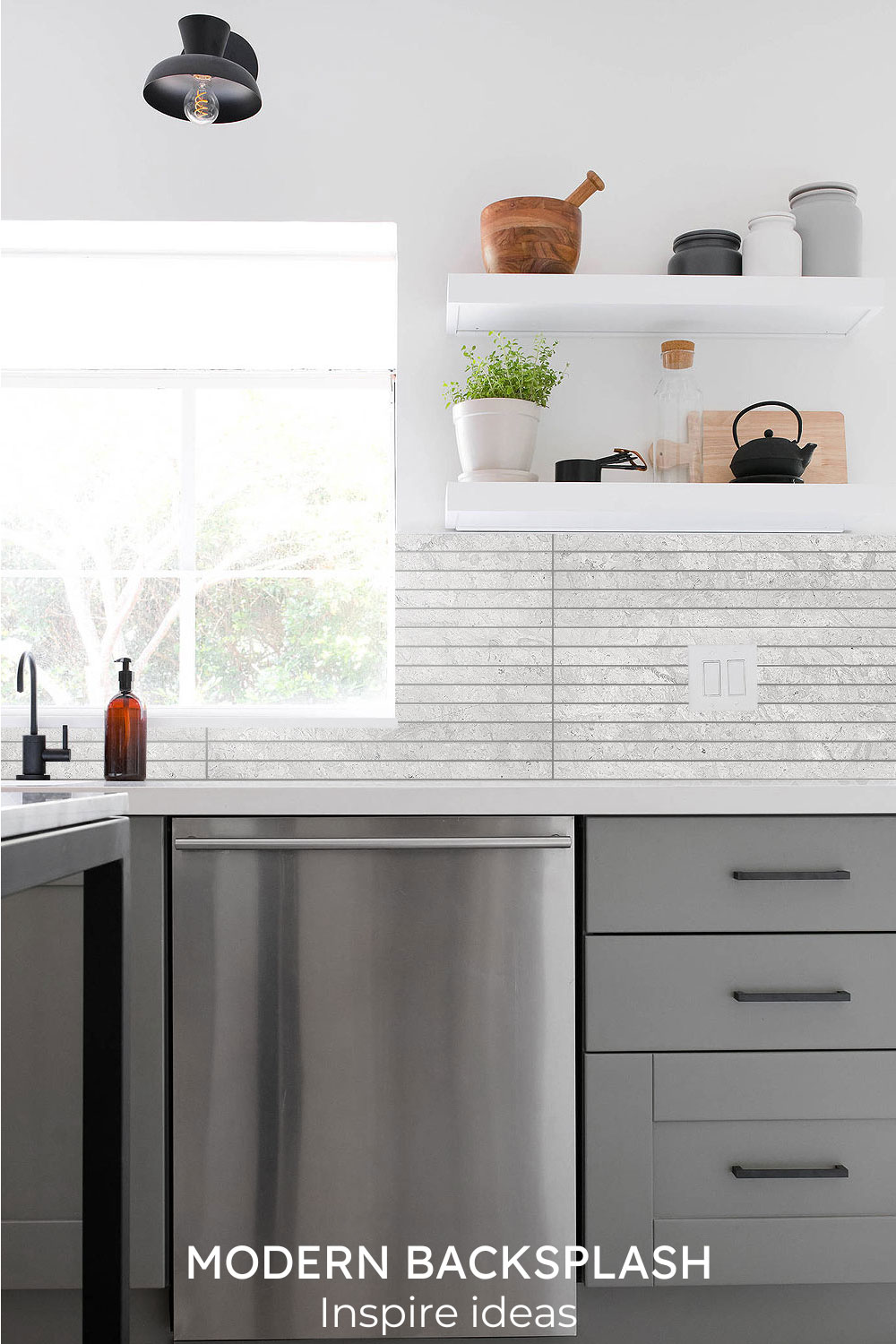 modern backsplash tile gray cabinet white wall