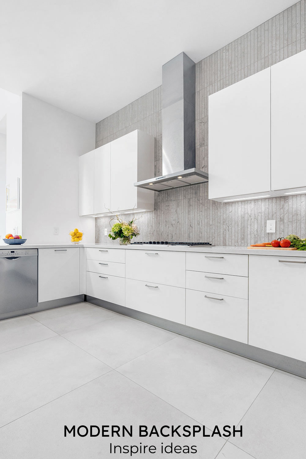modern backsplash tile gray floor white cabinets