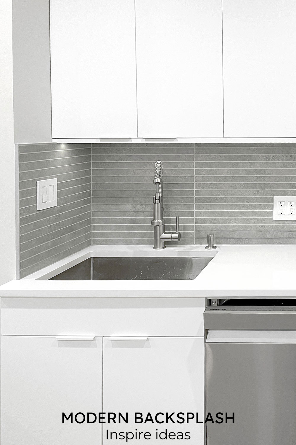 modern white kitchen cabinet with backsplash tile