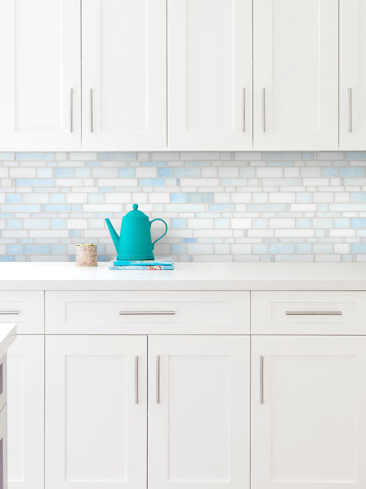 All White Kitchen with Pearl Glass Subway Tile BA7016