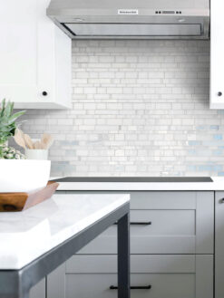 Gray Cabinets with Pearl Glass Subway Tile BA7016