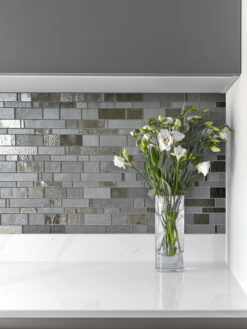 Gray Cabinet with Gray Glass Artisan Mosaic Tile BA7018