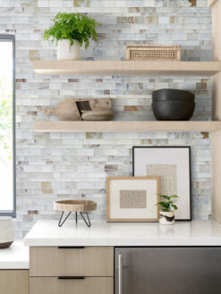 Light Beige Cabinet with Opal Glass Artisan Mosaic Tile BA7015