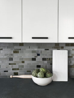 White Cabinet with Gray Glass Artisan Mosaic Tile BA7018