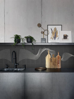 Black Kitchen with Modern Custom Engraved Black Stone Tile Backsplash BA9901