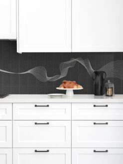 White Kitchen with Modern Custom Engraved Black Stone Tile Backsplash BA9901